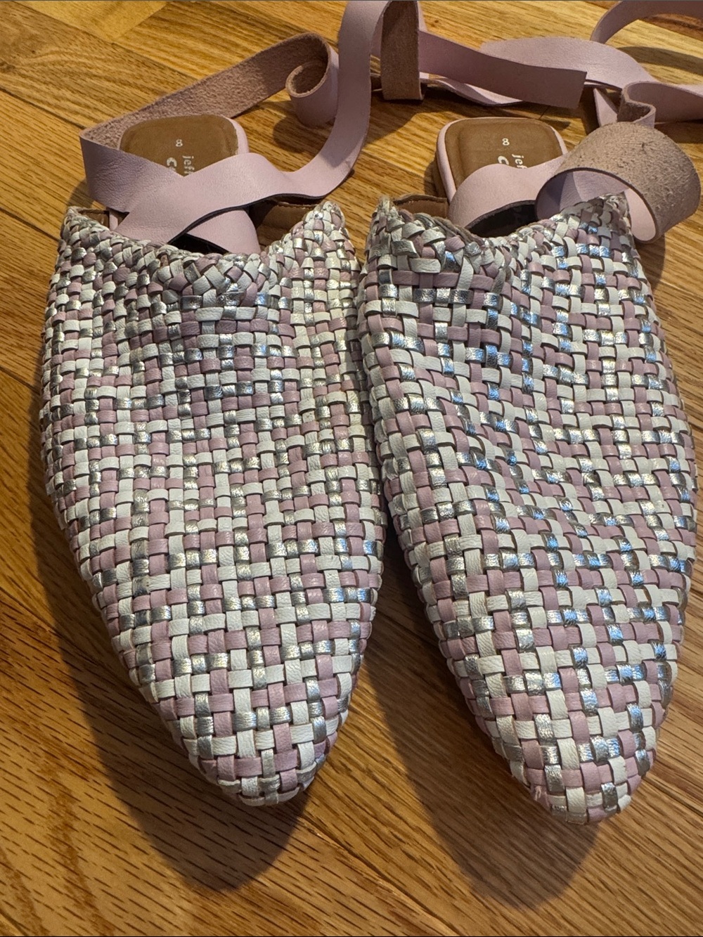 Jeffery Campbell Woven Pointed Leather Flats with Pink Ribbon Ankle Tie - Picture 4 of 6